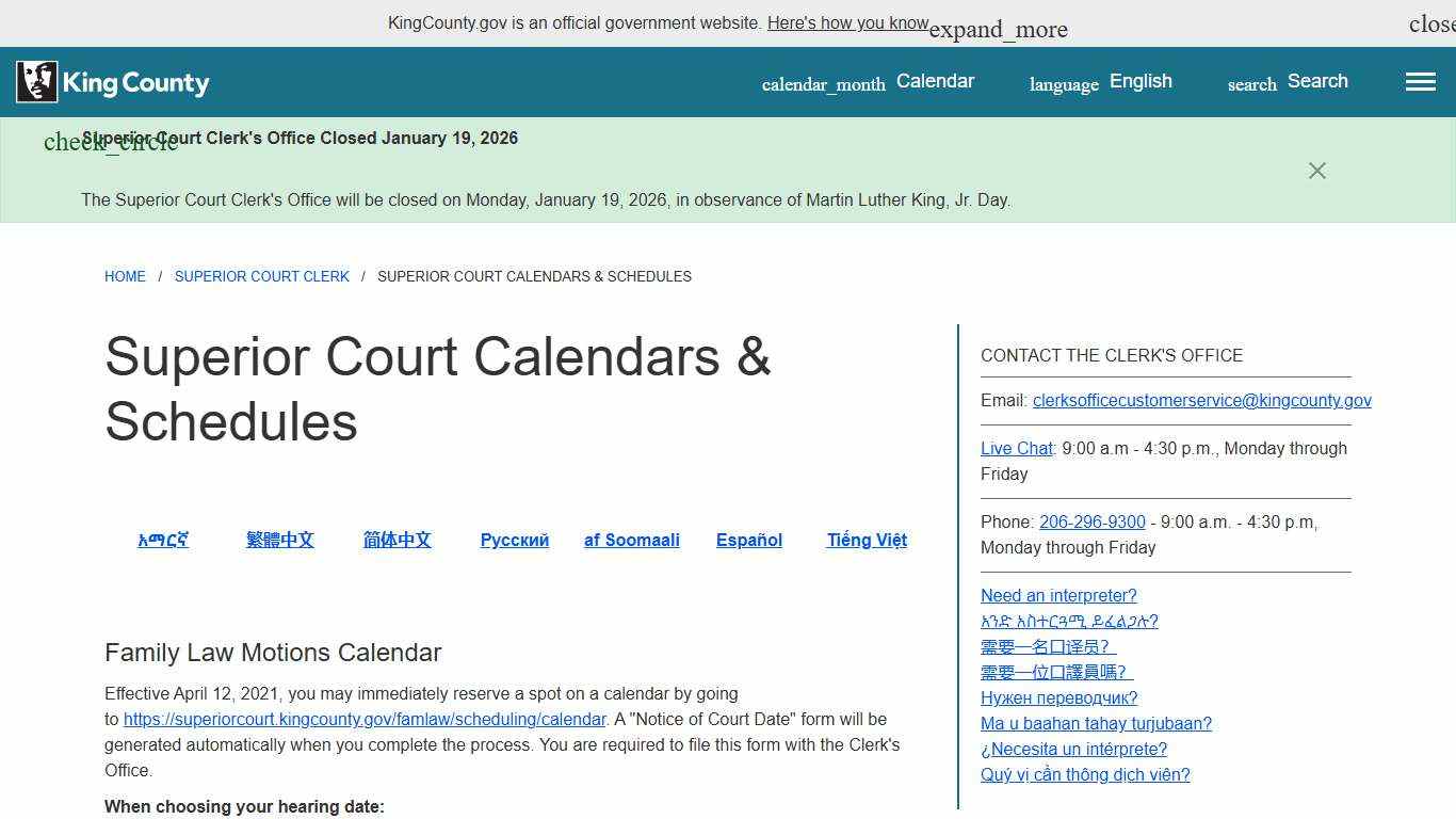 Superior Court Calendars & Schedules - King County, Washington